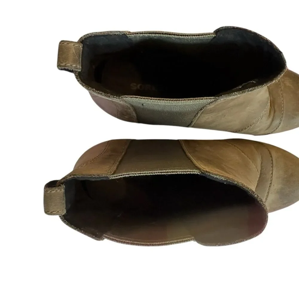 Womens SOREL Lea Elk II Peatmoss Olive Green Leather Hidden Wedge Chelsea 7.5